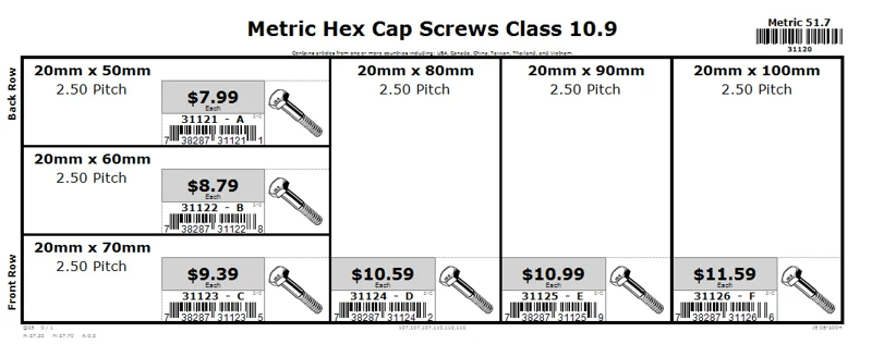20mm-2.50 Class 10.9 Coarse Metric Hex Cap Screw Assortment