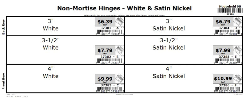 3in thru 4in White & Satin Nickel Non-Mortise Hinge Assortment