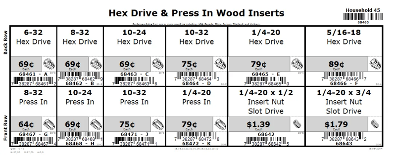 6-32 thru 5/16-18 Hex Drive & Press In Wood Inserts Assortment