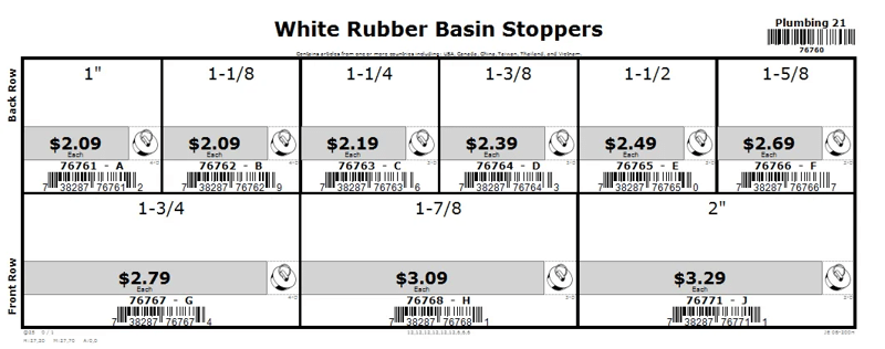 1 thru 2 White Rubber Basin Stoppers Midwest Assortment